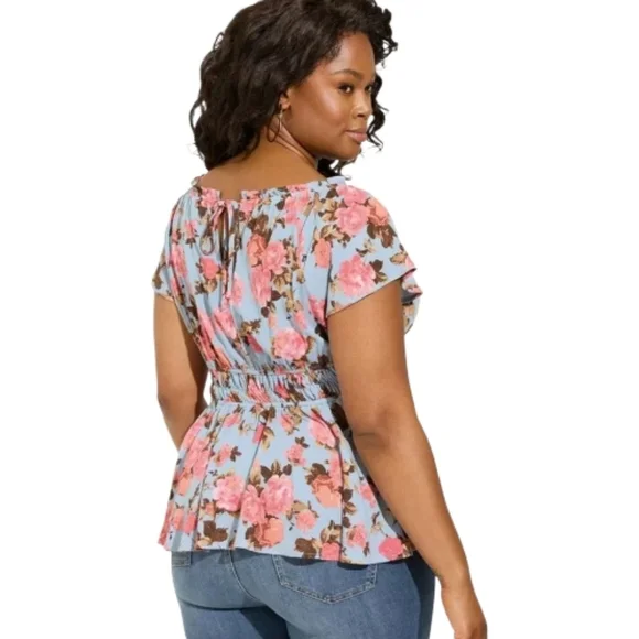 Torrid Babydoll Gauze Short Flutter Sleeve Top Light Blue Pink Floral - Picture 4 of 8